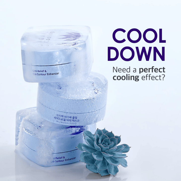 Grafika promocyjna PETITFEE Agave Cooling Hydrogel Eye Mask o lodowym i chłodzącym motywie. Obraz podkreśla chłodzący efekt produktu i uczucie świeżości dla zmęczonych oczu.