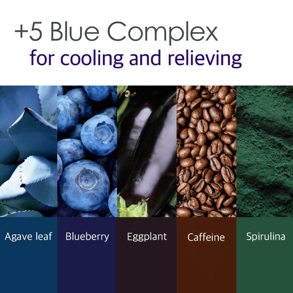 Grafika informacyjna o „5 Blue Complex” ze składnikami takimi jak liść agawy, borówka, bakłażan, kofeina i spirulina. Nacisk położono na chłodzące i kojące właściwości dla skóry.