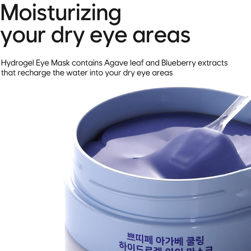 Zdjęcie produktu Agave Cooling Hydrogel Eye Mask z naciskiem na nawilżenie suchych obszarów wokół oczu. Obraz pokazuje hydrożelową formułę oraz dołączoną szpatułkę.