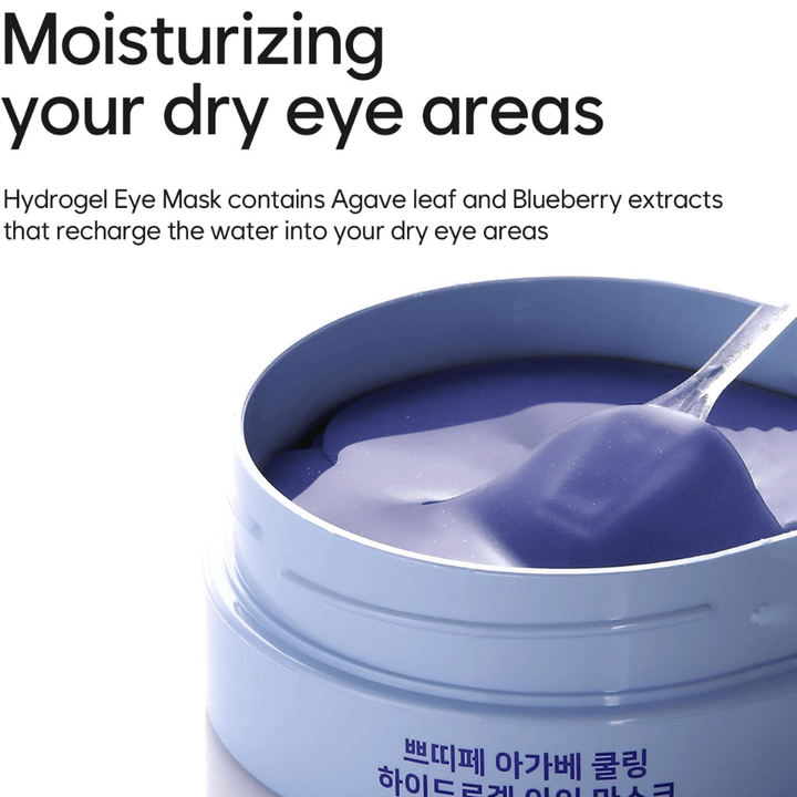 Zdjęcie produktu Agave Cooling Hydrogel Eye Mask z naciskiem na nawilżenie suchych obszarów wokół oczu. Obraz pokazuje hydrożelową formułę oraz dołączoną szpatułkę.