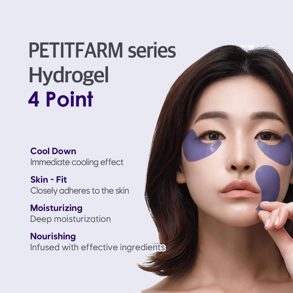 Grafika promocyjna z modelką używającą PETITFARM Hydrogel Eye Mask. Obraz podkreśla cztery główne zalety: efekt chłodzący, dopasowanie do skóry, głębokie nawilżenie i odżywcze składniki.