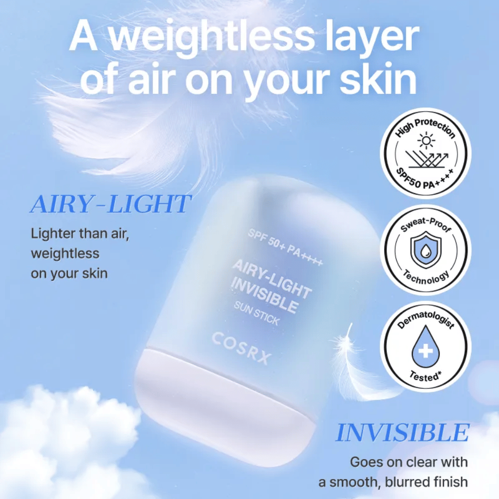 COSRX Airy-Light Invisible Sun Stick – ultralekka ochrona przeciwsłoneczna z SPF 50+ i PA++++, zapewniająca lekkie, niewidoczne wykończenie.