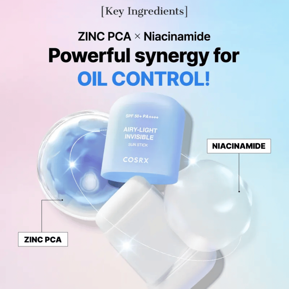 Kluczowe składniki w COSRX Airy-Light Invisible Sun Stick – Cynk PCA i Niacynamid dla efektywnej kontroli sebum i czystej skóry.