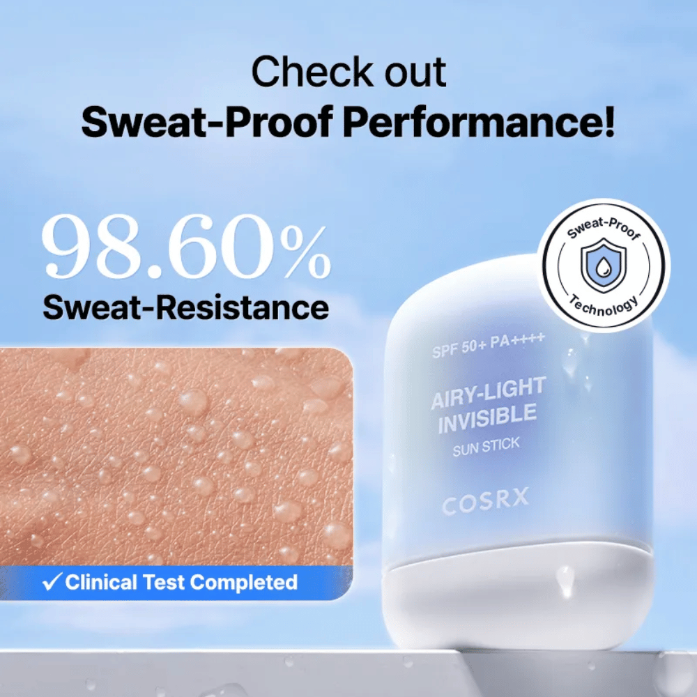 COSRX Airy-Light Invisible Sun Stick z odpornością na pot 98,6% – udowodniona technologia sweat-proof dla długotrwałej ochrony.