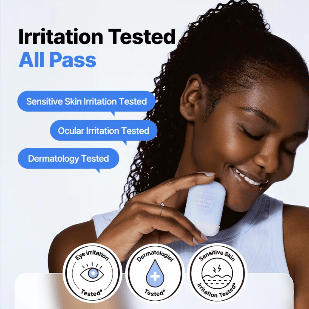 Klinicznie testowany COSRX Airy-Light Invisible Sun Stick – testowany na wrażliwej skórze, pod kątem podrażnień oczu i dermatologicznie zatwierdzony.