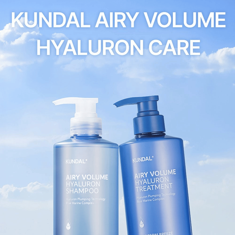 KUNDAL Airy Volume Hyaluron Shampoo i Treatment w niebieskich butelkach z pompką, pielęgnacja włosów z kwasem hialuronowym i kompleksem Blue Marine.
