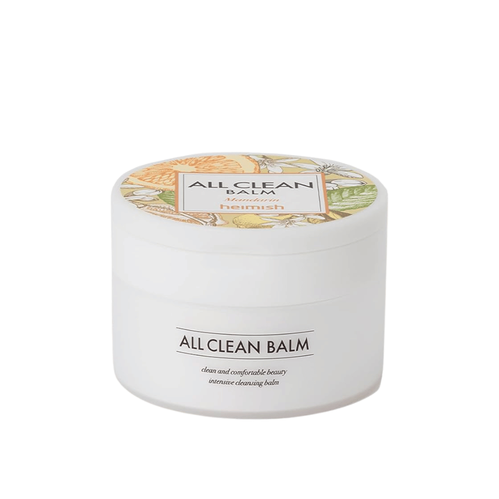 Słoik Heimish All Clean Balm o zapachu mandarynki, intensywny balsam oczyszczający, z kolorową etykietą i białym opakowaniem.