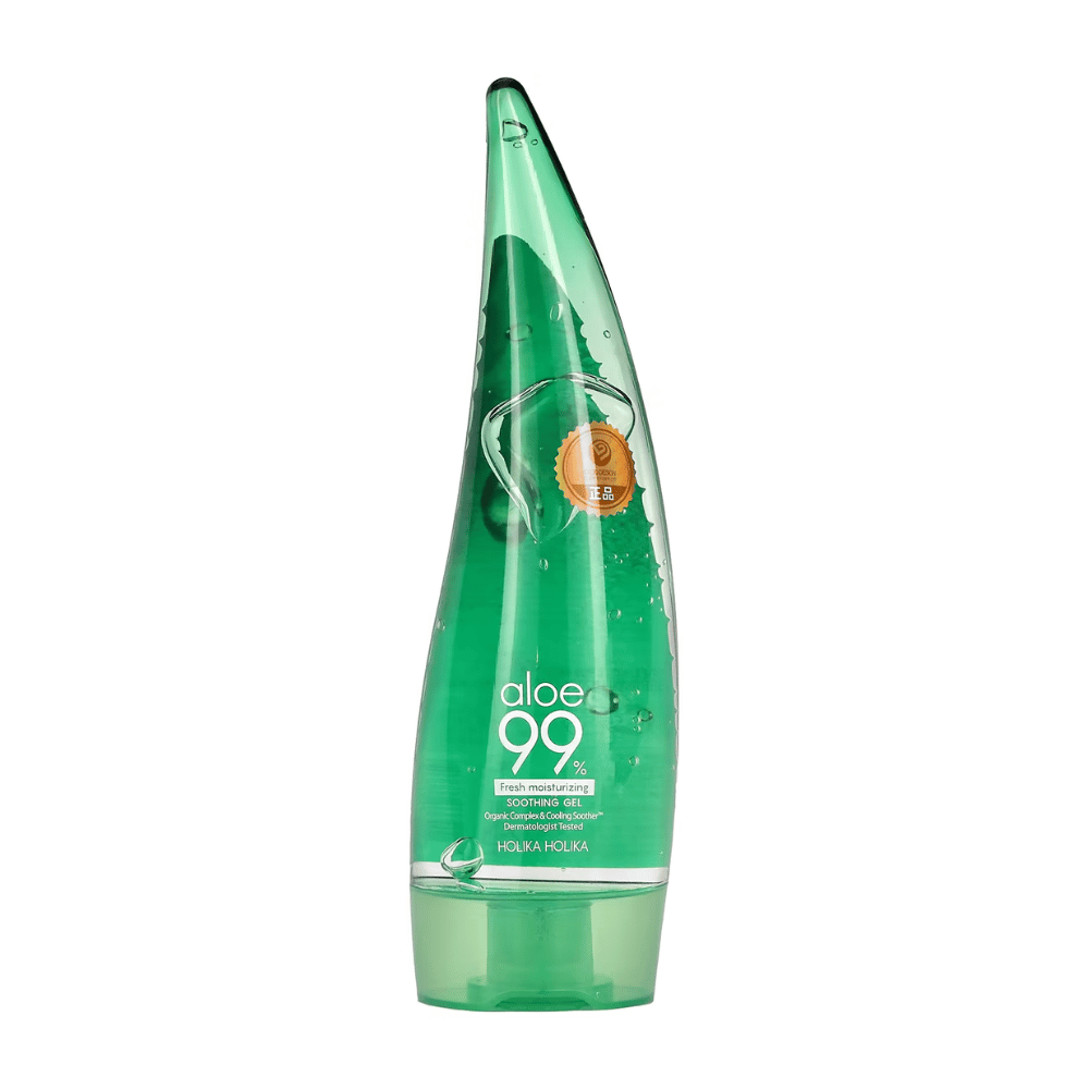 Zielona, ​​aloesowa butelka w kształcie Holika Holika Aloe 99% Soothing Gel. Butelka zawiera kojący żel i posiada tekst opisujący właściwości nawilżające i kojące produktu.