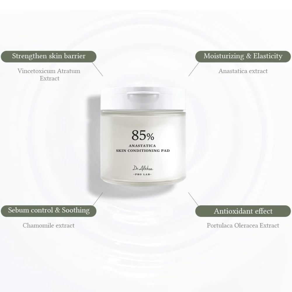Dr. Althea 85% Anastatica Skin Conditioning Pad z ekstraktem z Anastatica, rumiankiem, portulaką i ekstraktem z Vincetoxicum, które wzmacniają barierę skórną i koją skórę.