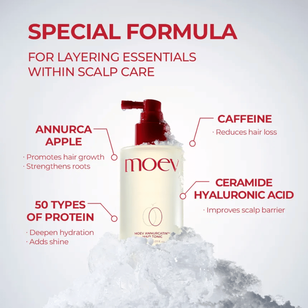 MOEV Annurcatin Hair Tonic – zaawansowana formuła z jabłkiem Annurca, kofeiną i kwasem hialuronowym, która wzmacnia włosy i skórę głowy.