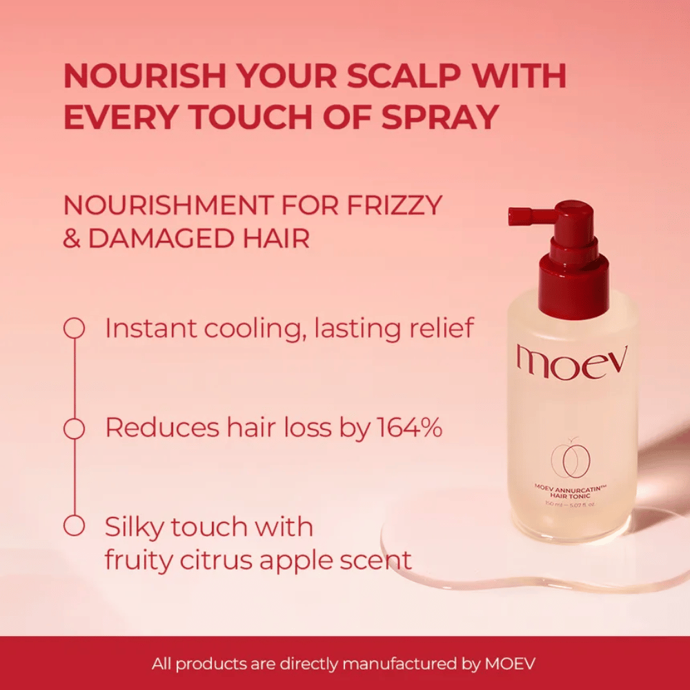 MOEV Annurcatin Hair Tonic – pielęgnacyjny spray, który zmniejsza wypadanie włosów, chłodzi skórę głowy i daje świeży cytrusowy zapach.