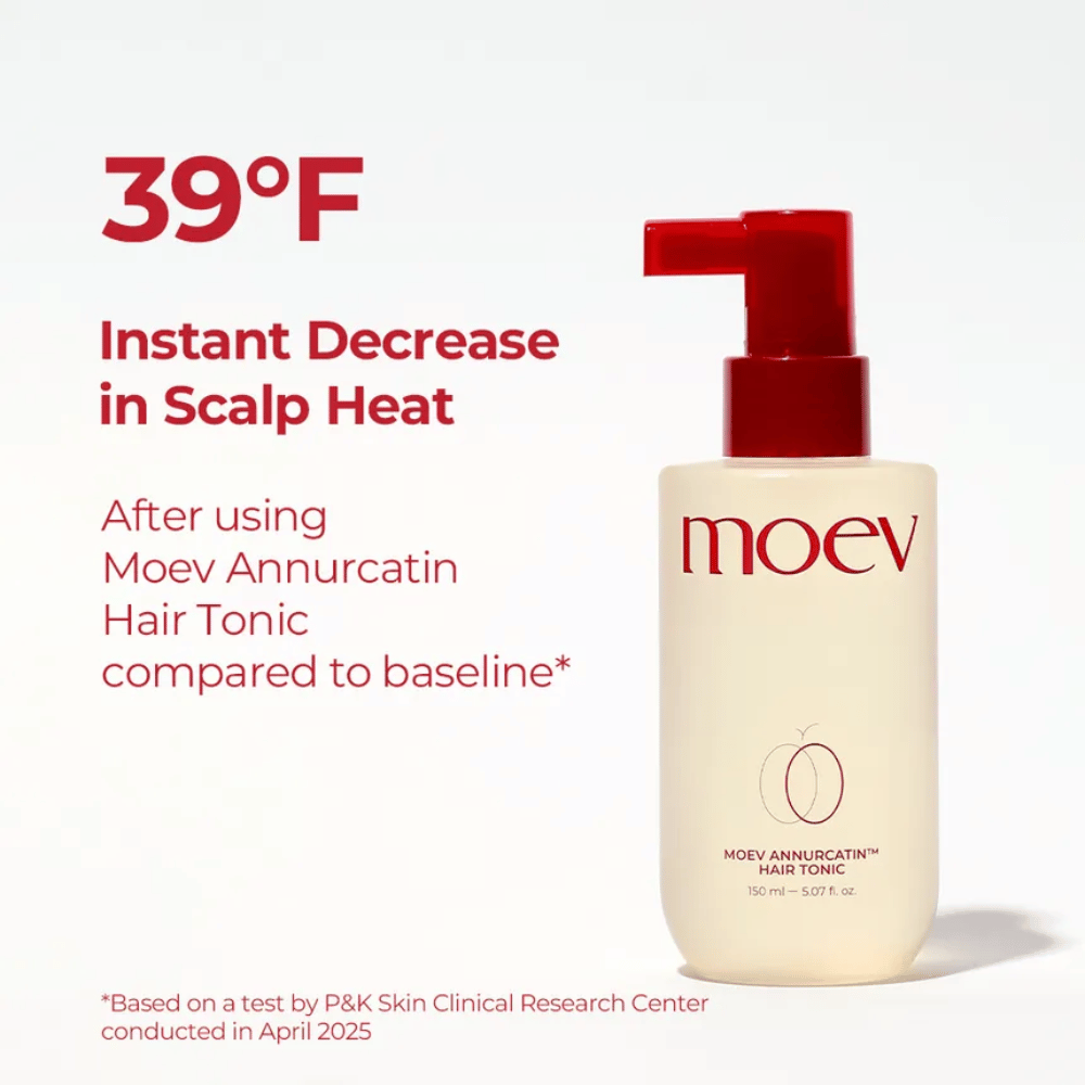 MOEV Annurcatin Hair Tonic – klinicznie testowana pielęgnacja włosów, która chłodzi skórę głowy i zmniejsza temperaturę nawet o 39°F dla zdrowszych włosów.
