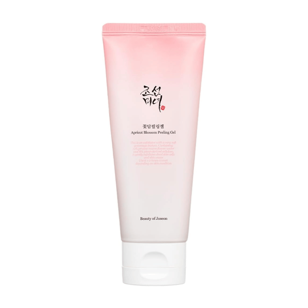 Różowa tubka z Apricot Blossom Peeling Gel od Beauty of Joseon na białym tle.