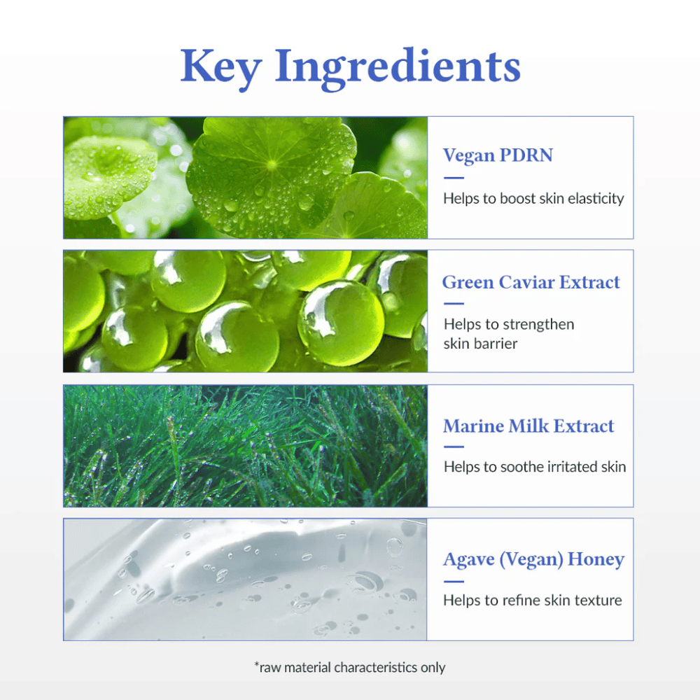 Kluczowe składniki w Dr. Althea Aqua Marine Deep Serum – Wegańskie PDRN dla elastyczności, Ekstrakt z Zielonego Kawioru, który wzmacnia barierę skórną, Ekstrakt z Mleczka Morskiego, który koi skórę oraz Agawa (wegański miód) dla bardziej jednolitej struktury skóry.