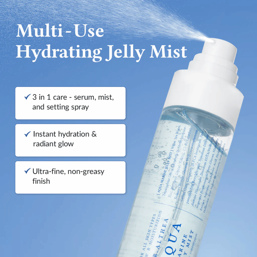 Dr. Althea Aqua Marine Jelly Mist jako wielofunkcyjny spray do twarzy: serum, mgiełka i spray utrwalający w jednym