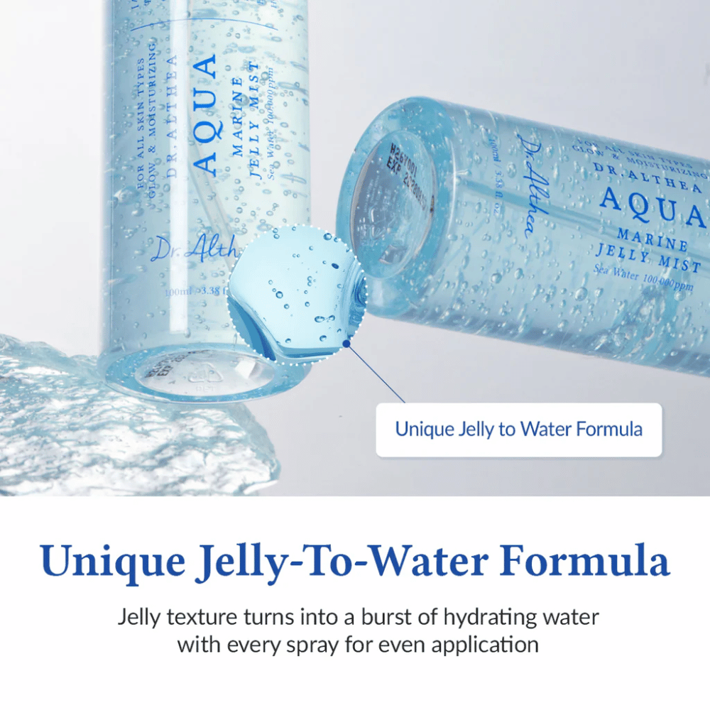Dr. Althea Aqua Marine Jelly Mist z unikalną formułą jelly-to-water, która aktywuje się podczas rozpylania i zapewnia intensywne nawilżenie
