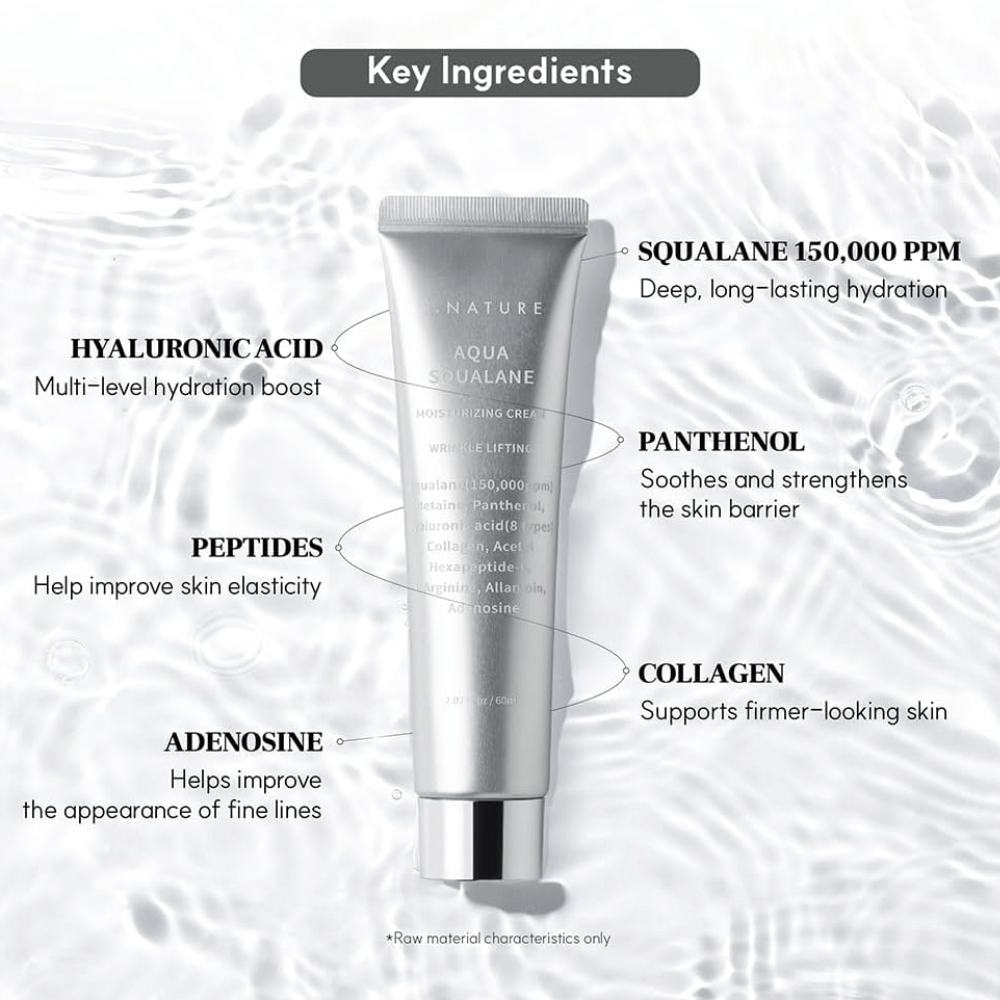 S.NATURE Aqua Squalane Moisturizing Cream z squalane, kwasem hialuronowym, pantenolem, peptydami i kolagenem dla nawilżonej i gładkiej skóry.