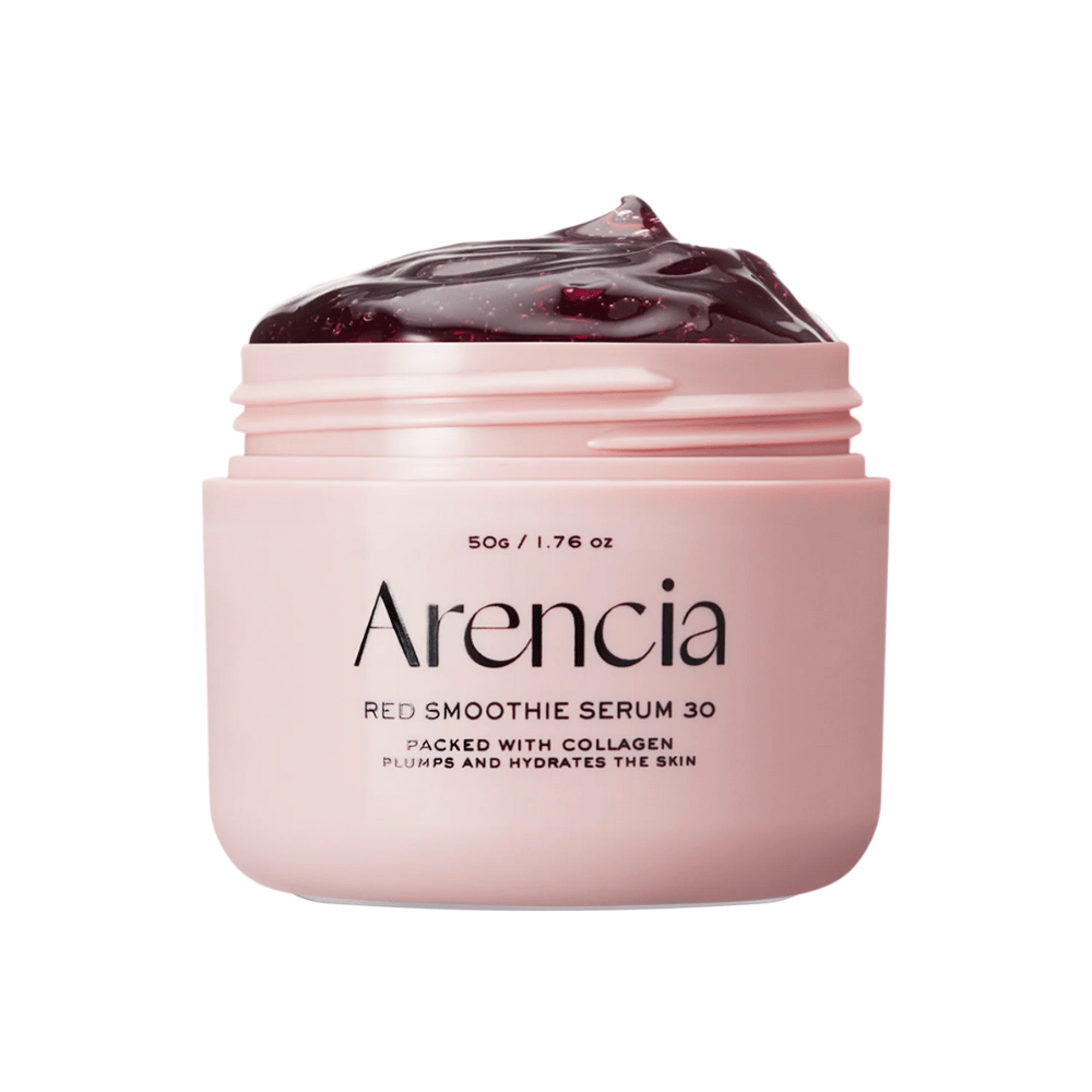 Zbliżenie na Arencia Red Smoothie Serum 30 w różowym słoiku, wypełnionym głęboko czerwoną żelową formułą nawilżającą i ujędrniającą.