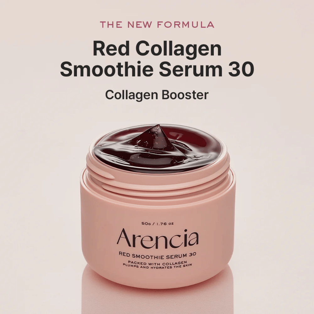 Arencia Red Smoothie Serum 30 w różowym słoiku, nowa formuła działająca jako booster kolagenu.