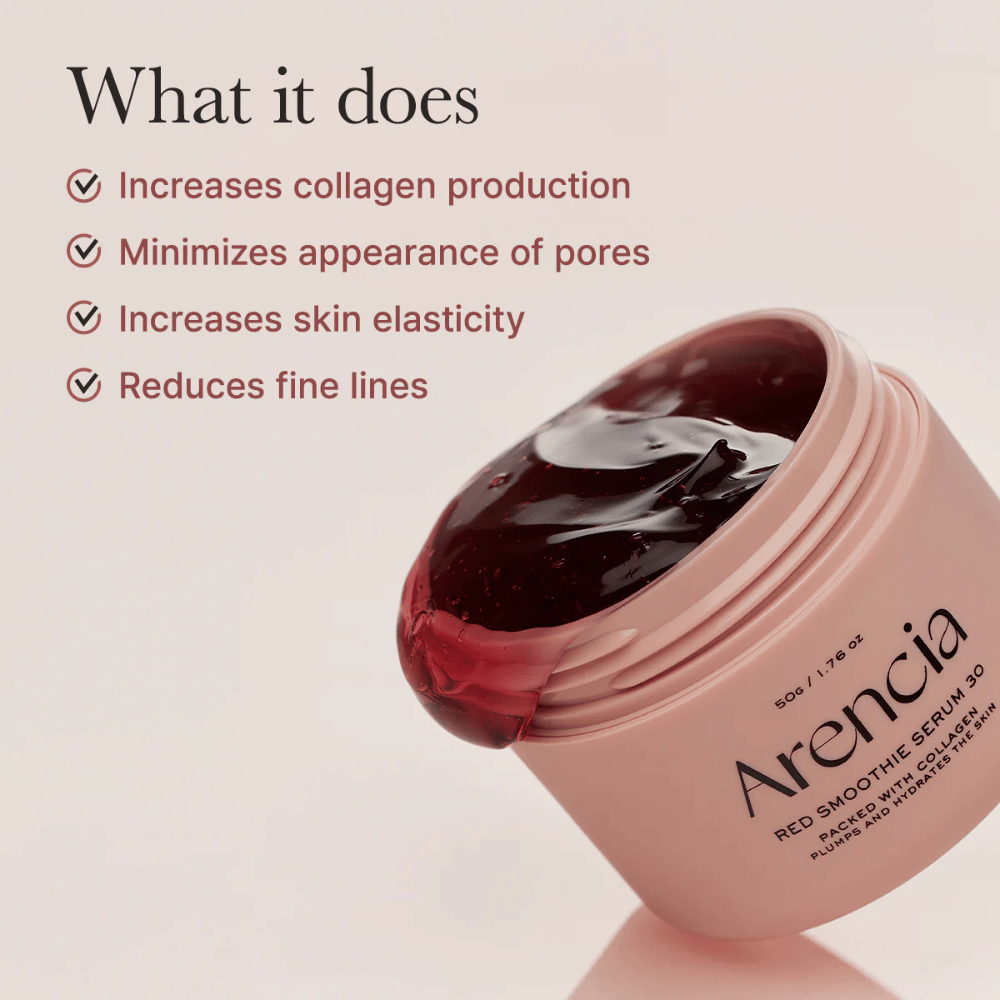 Otwarty słoik Arencia Red Smoothie Serum 30 o żelowej konsystencji, wymienione Zalety: zwiększone kolagen, zmniejszone pory, poprawiona elastyczność, zredukowane linie.