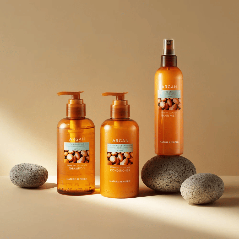 Nature Republic Seria Argan z szamponem, odżywką i mgiełką do włosów zniszczonych – wzbogacona olejem arganowym dla blasku i odżywienia.