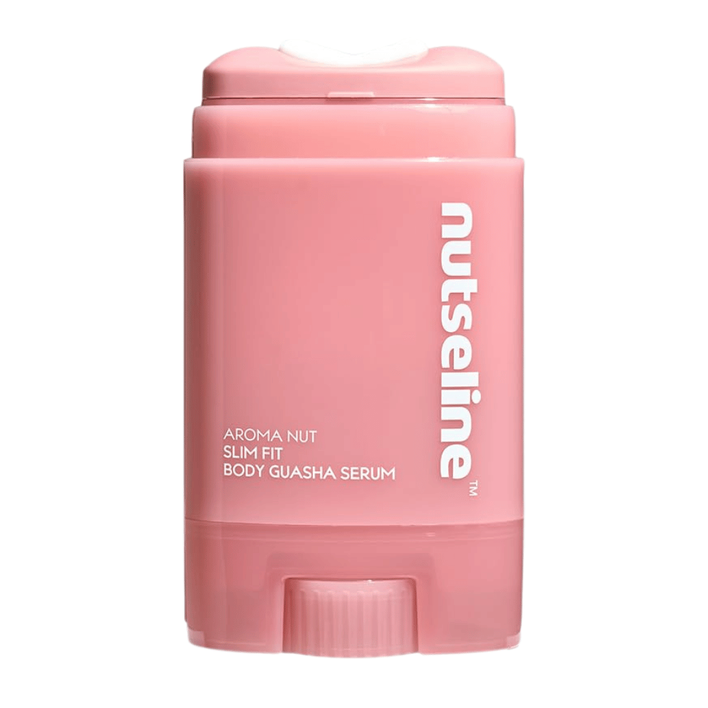 Czyste wyizolowane zdjęcie produktowe Nuseline Aroma Nut Slim Fit Body Guasha Serum na jasnym tle, z naciskiem na design opakowania.