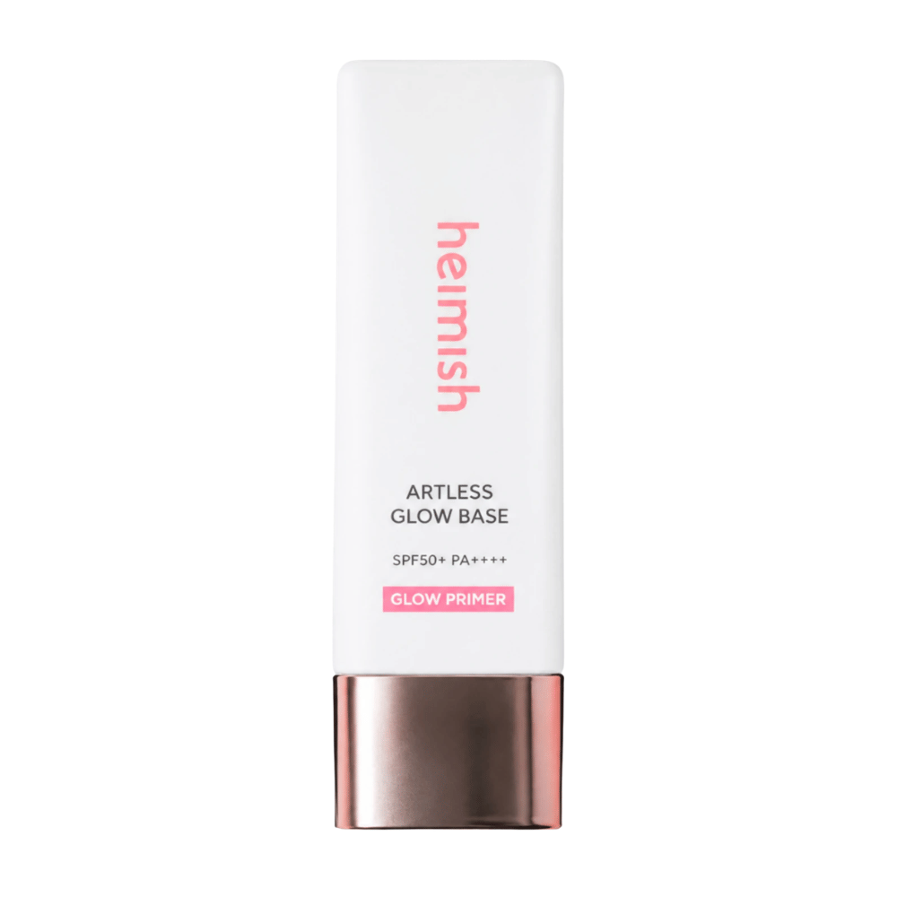 Heimish Artless Glow Base SPF50+ PA++++ – koreański glow primer i filtr przeciwsłoneczny w białym opakowaniu z korkiem w kolorze różowego złota.