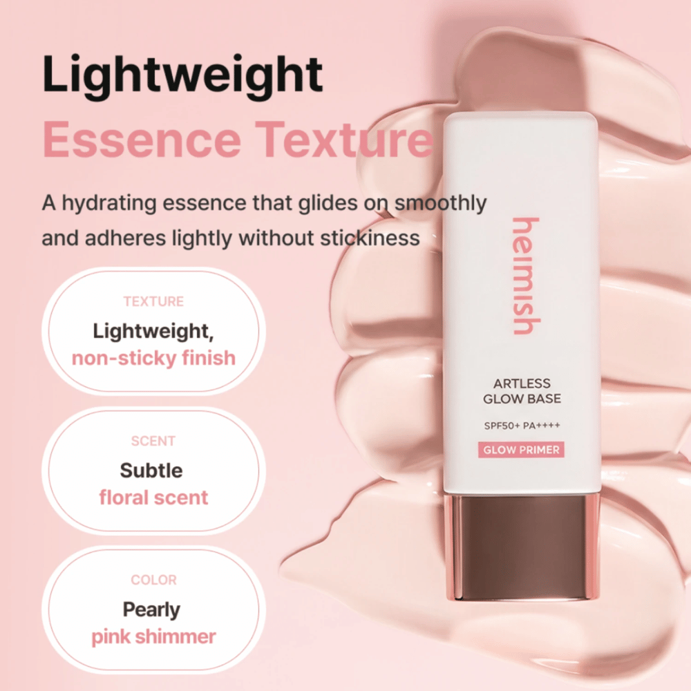 Heimish Artless Glow Base SPF50+ PA++++ – lekko nawilżający glow primer z perłowo-różowym wykończeniem bez lepkiego uczucia.