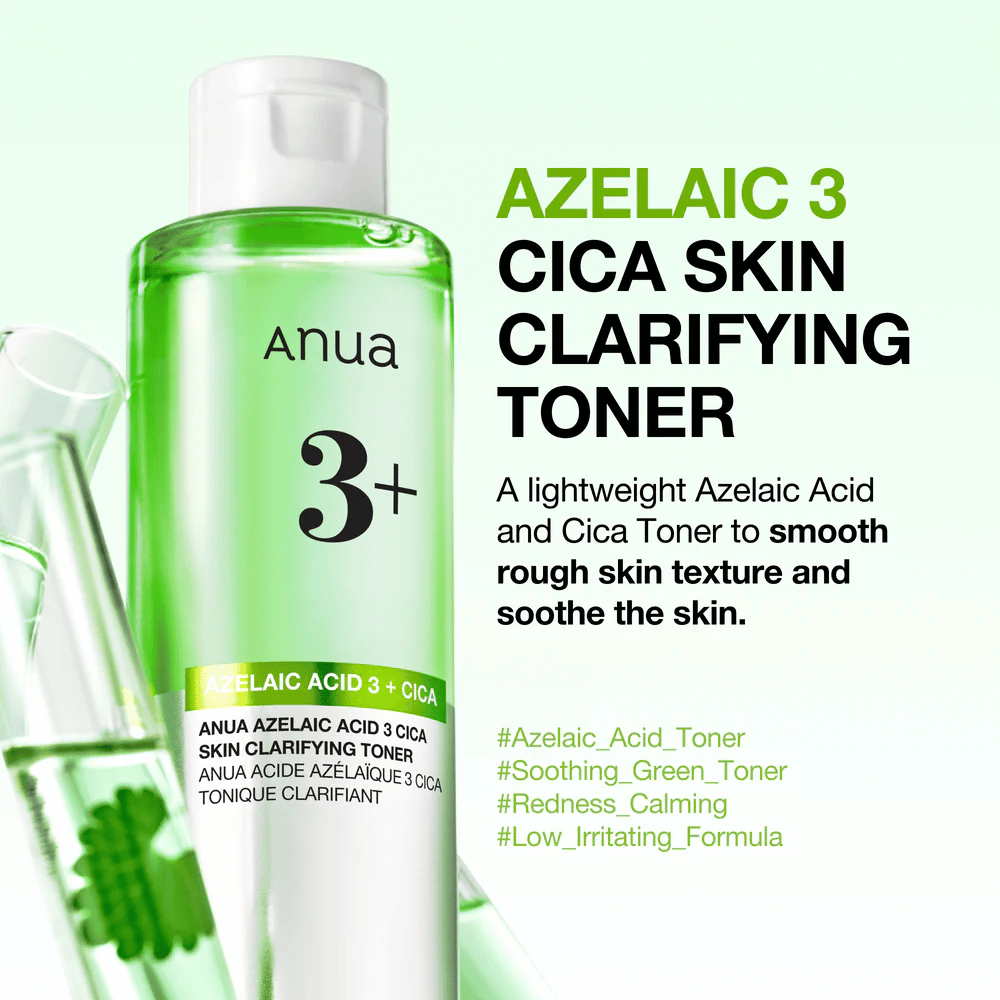 Anua Azelaic Acid 3 Cica Skin Clarifying Toner z 3% kwasem azelainowym i centella asiatica, które delikatnie złuszczają, koją skórę i poprawiają jej przejrzystość.