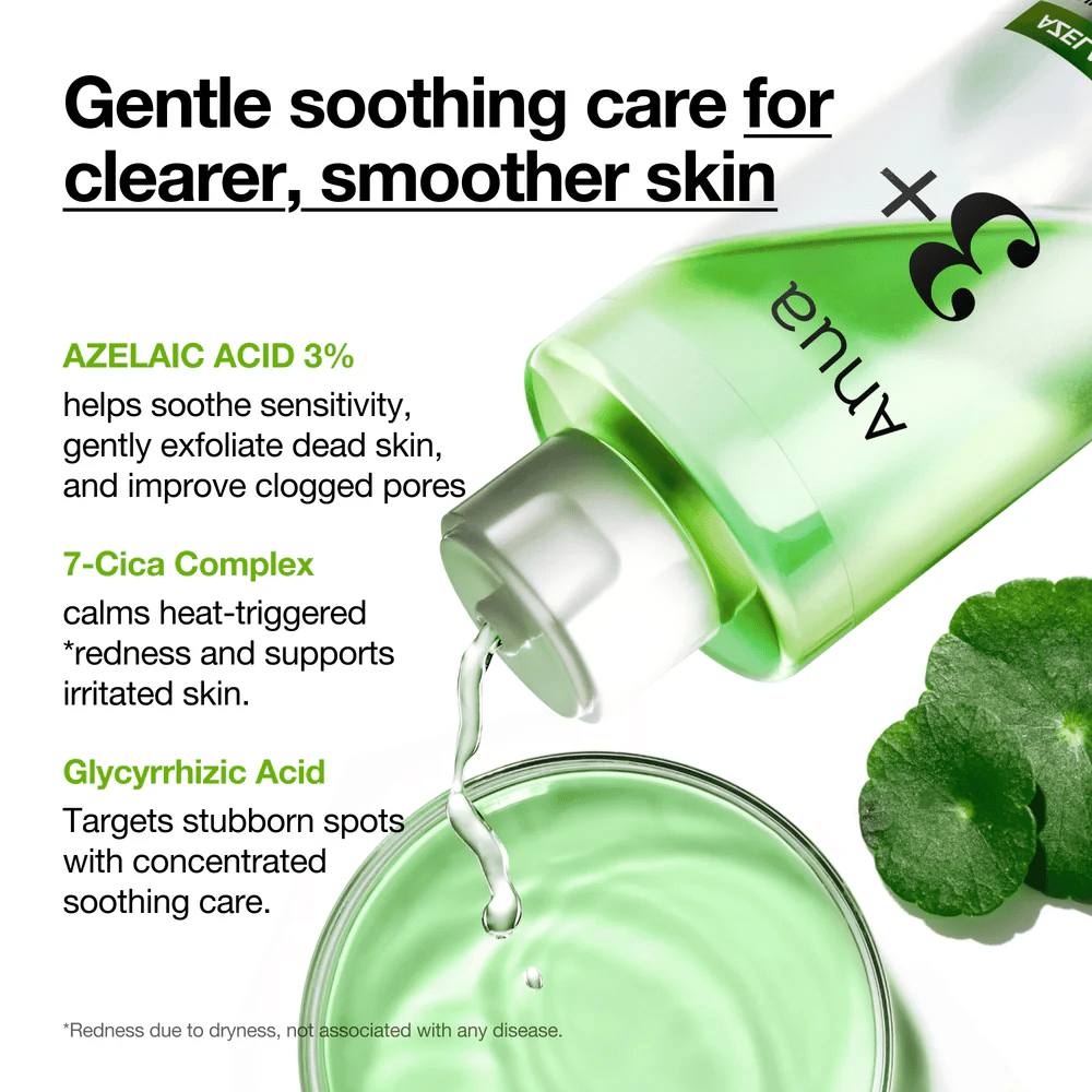 Anua Azelaic Acid 3 Cica Skin Clarifying Toner z 3% kwasem azelainowym, 7-Cica Complex i kwasem glicyryzynowym, które koją wrażliwą skórę i zmniejszają zaczerwienienia.