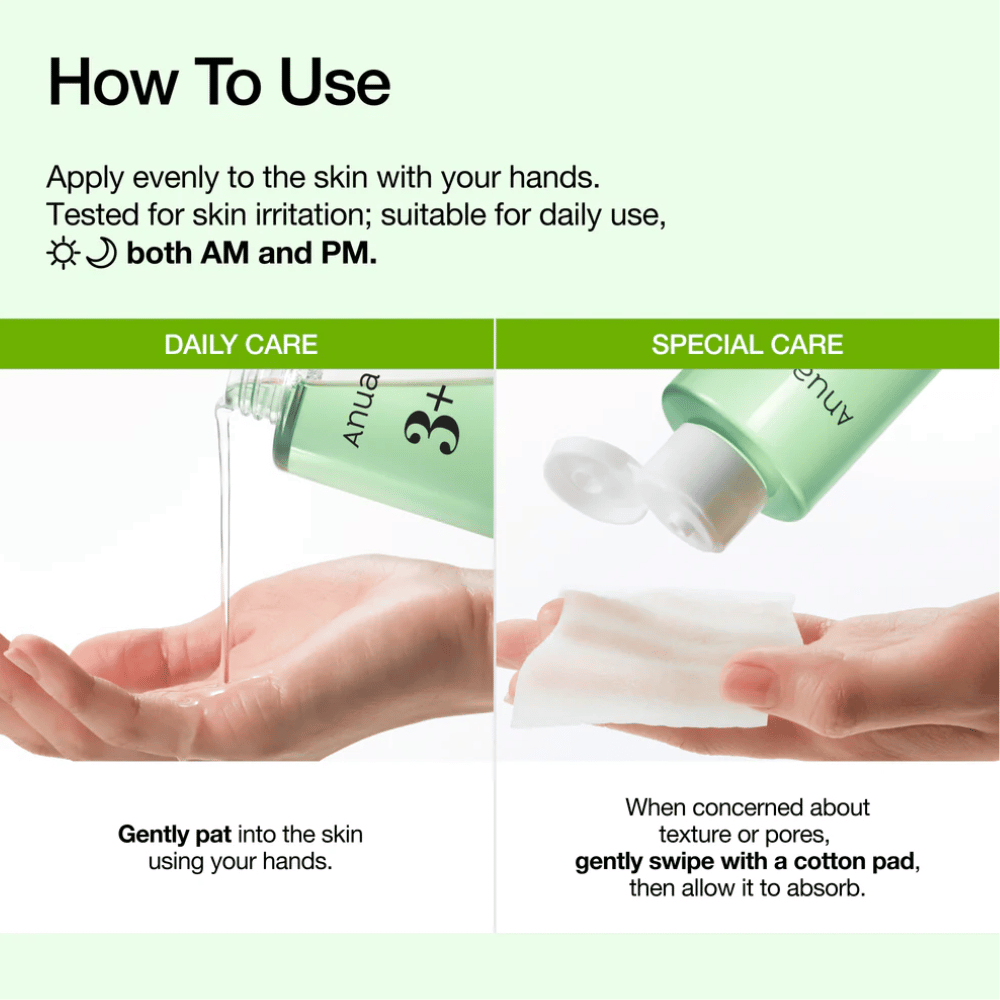 Anua Azelaic Acid 3 Cica Skin Clarifying Toner nakłada się dłońmi lub płatkiem kosmetycznym, aby ukoić skórę i poprawić jej strukturę.
