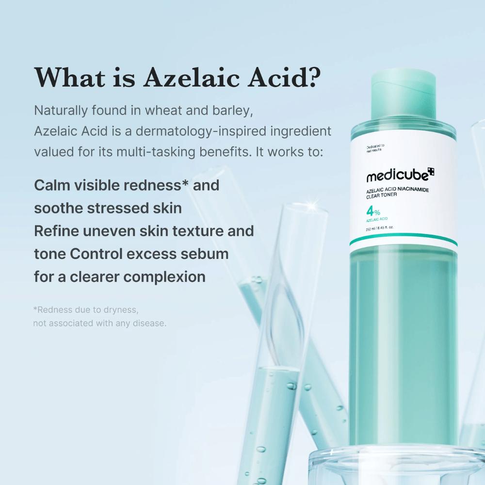 Medicube Azelaic Acid Niacinamide Clear Toner z 4% kwasem azelainowym, który pomaga łagodzić zaczerwienienia, wyrównywać koloryt skóry i kontrolować nadmiar sebum dla czystszej skóry.