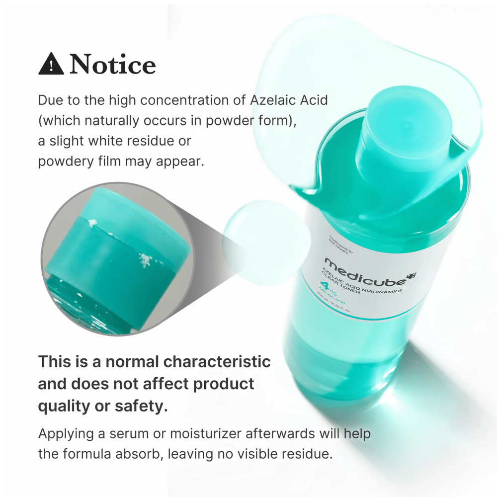 Medicube Azelaic Acid Niacinamide Clear Toner pokazujący naturalne pozostałości kryształków kwasu azelainowego i wyjaśniający, że jest to normalne i nie wpływa na jakość ani bezpieczeństwo produktu.