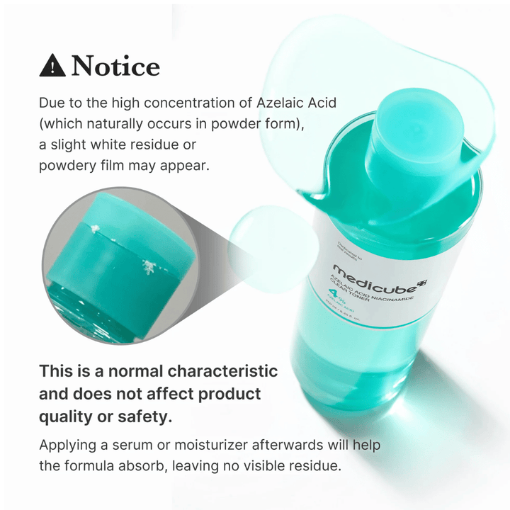Medicube Azelaic Acid Niacinamide Clear Toner pokazujący naturalne pozostałości kryształków kwasu azelainowego i wyjaśniający, że jest to normalne i nie wpływa na jakość ani bezpieczeństwo produktu.