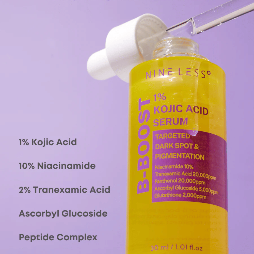 B-Boost 1% Kojic Acid Serum w butelkach z pipetą, na ciemne plamy i pigmentację.