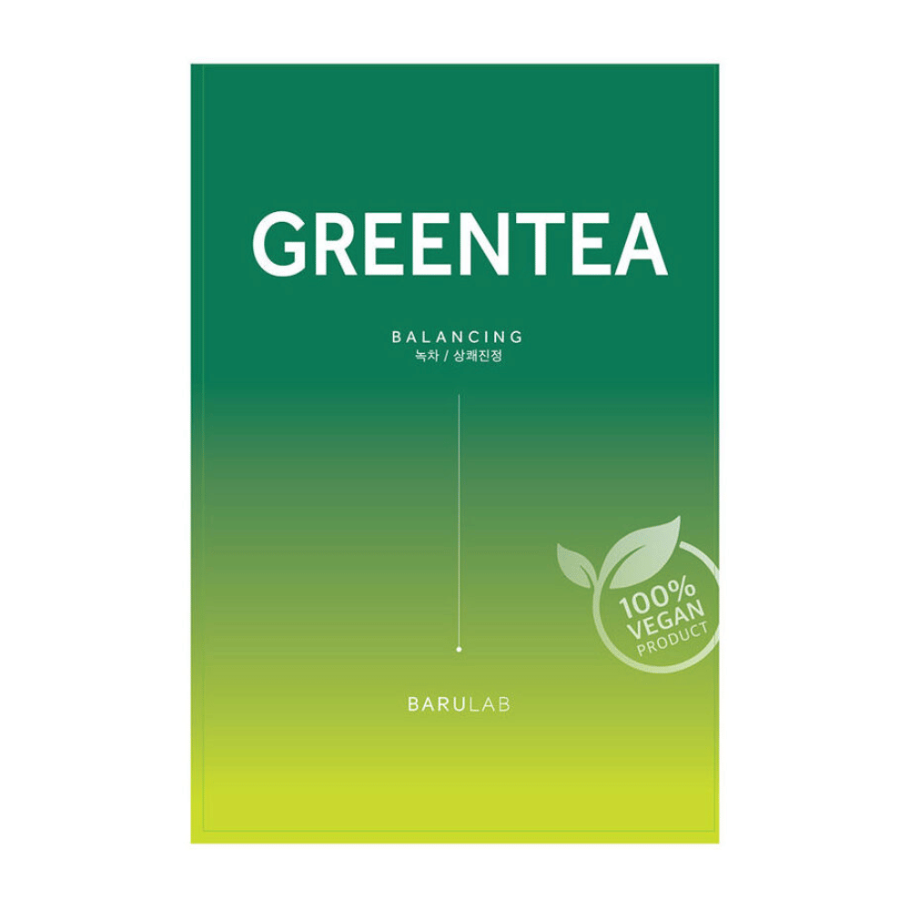 Opakowanie BARULAB maski "GREENTEA Balancing", oznaczone jako "100% Vegan Product". Opakowanie ma gradient kolorów od ciemnozielonego do jasnożółtego.