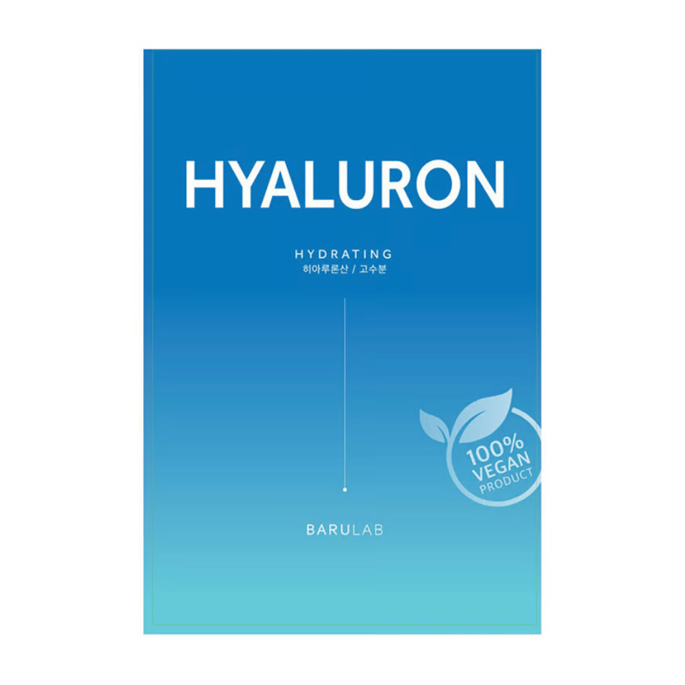 Opakowanie maski BARULAB "HYALURON Hydrating", oznaczone jako "100% Vegan Product". Opakowanie ma gradient kolorów od ciemnoniebieskiego na górze do jasnoniebieskiego na dole.