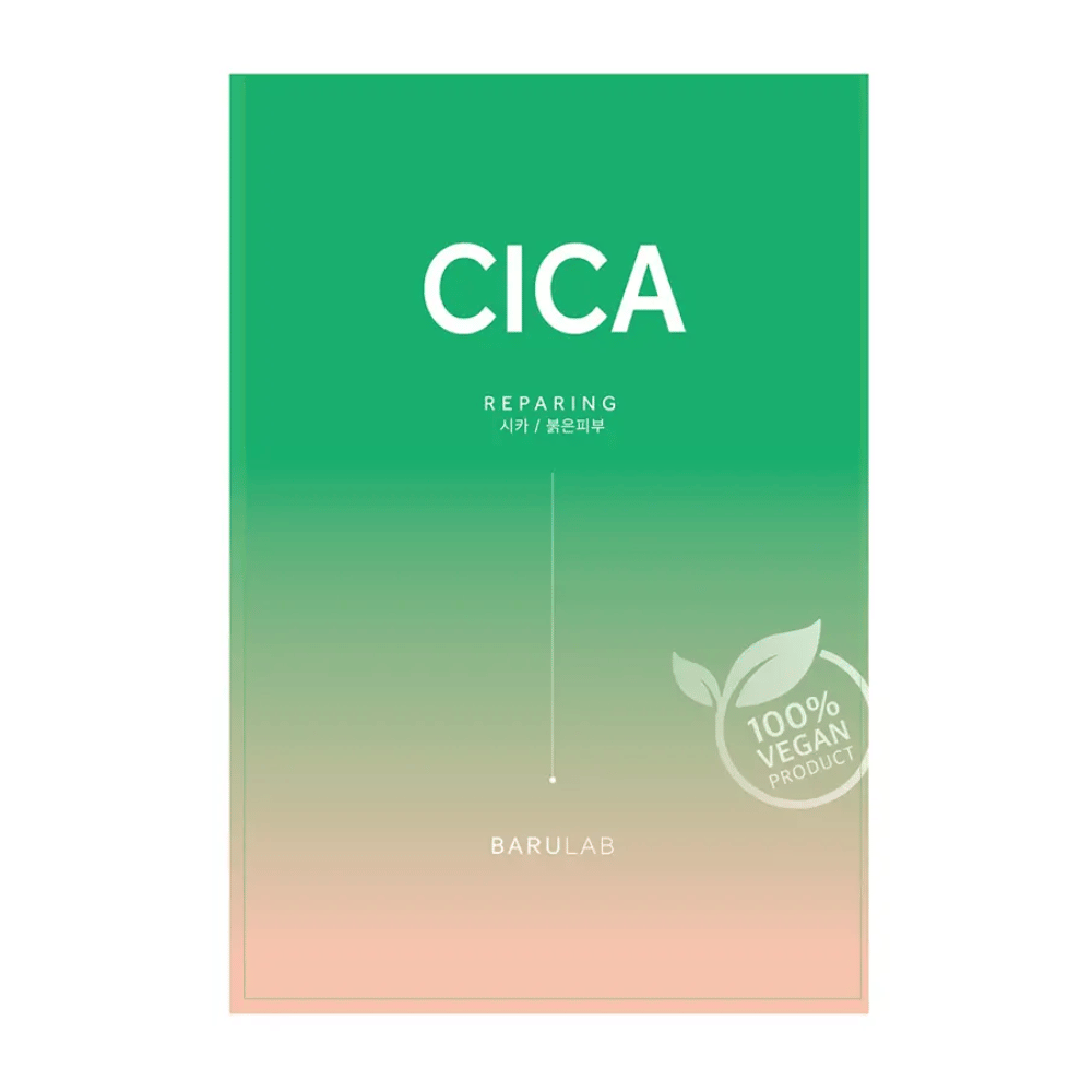 Opakowanie od BARULAB dla maski "CICA Repairing", oznaczone jako "100% Vegan Product". Opakowanie ma gradientowy kolor przechodzący z ciemnozielonego w jaśniejsze tony w kierunku dołu.