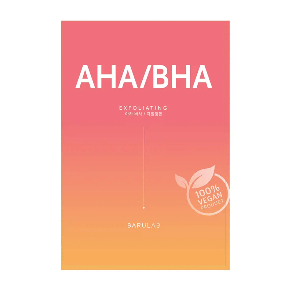 Opakowanie produktu BARULAB dla maski "AHA/BHA Exfoliating", oznaczone jako "100% Produkt wegański". Opakowanie przechodzi kolorystycznie z czerwonego na żółty.