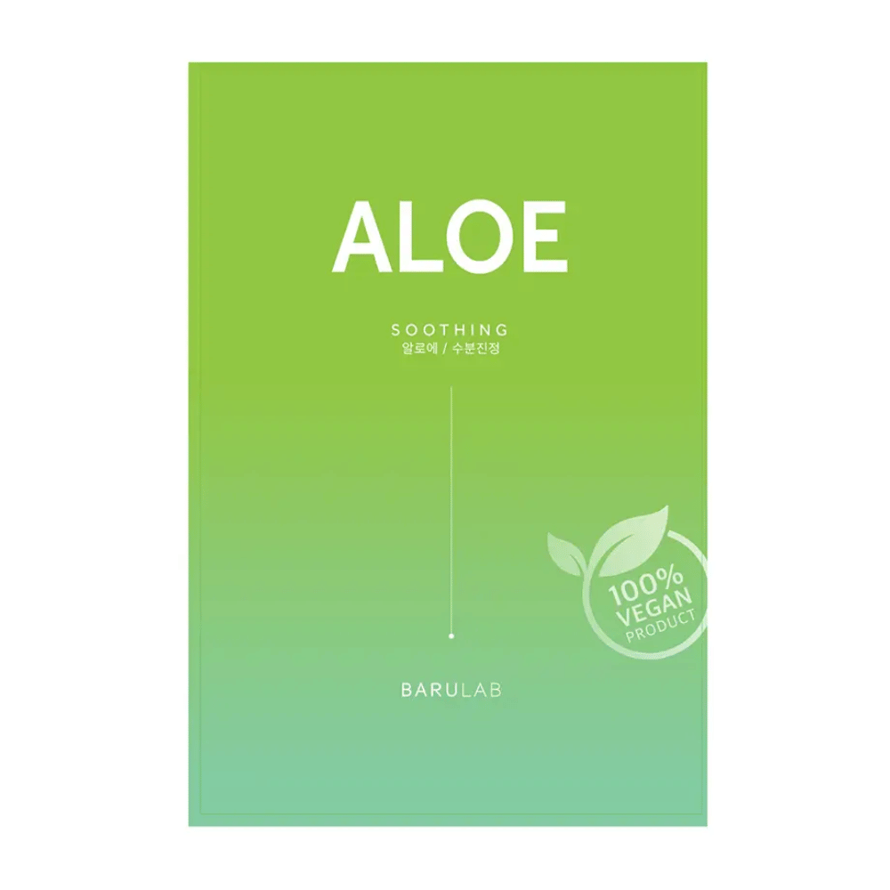 Opakowanie produktu BARULAB "Aloe Soothing" maska, które również jest oznaczone jako "100% Vegan Product". Opakowanie jest jednolicie jasnozielone.