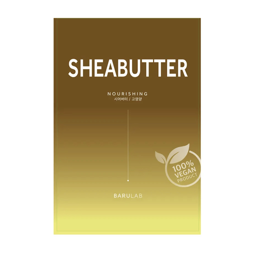 Opakowanie maski BARULAB "SHEABUTTER Nourishing", oznaczone jako "100% Vegan Product". Opakowanie ma gradient kolorów przechodzący z ciemnego złotobrązowego na górze do jasnego żółtego na dole.