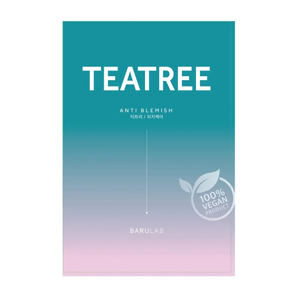 Opakowanie maski BARULAB "TEATREE Anti Blemish", oznaczone jako "100% Vegan Product". Opakowanie ma gradient kolorów od turkusu na górze do jasnoróżowego na dole.