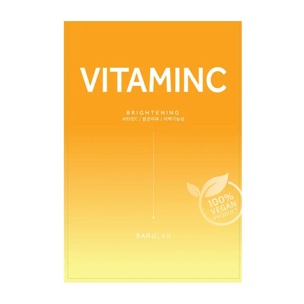 Opakowanie maski BARULAB "VITAMINC Brightening", oznaczone jako "100% Vegan Product". Opakowanie ma gradient kolorów od pomarańczowego u góry do jasnego żółtego na dole.