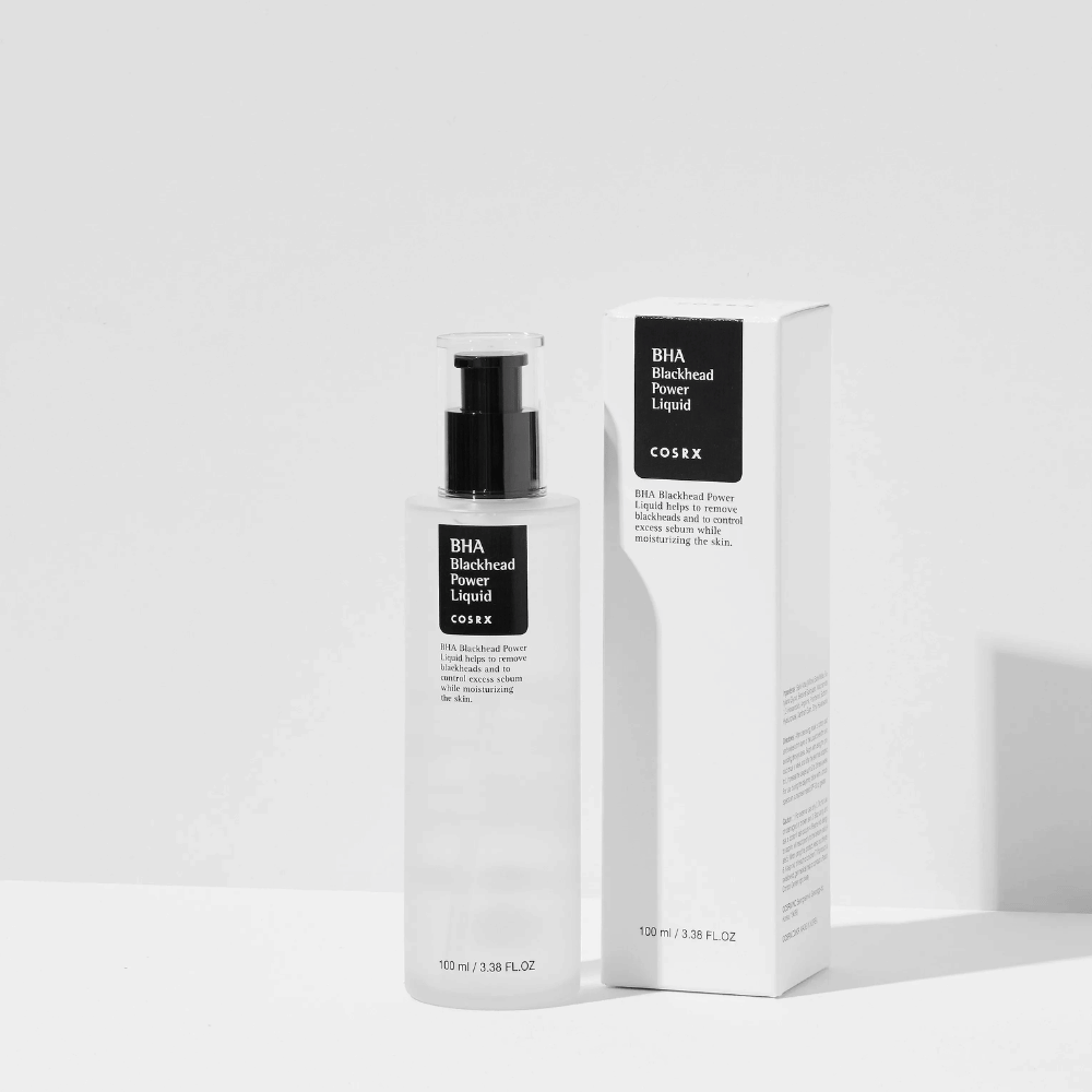 COSRX BHA Blackhead Power Liquid 100 ml z opakowaniem – serum do twarzy z BHA, które przeciwdziała zaskórnikom i nadmiarowi sebum.