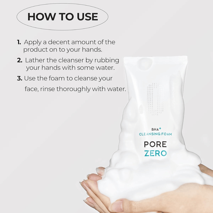 Grafika instruktażowa pokazująca krok po kroku, jak używać Be The Skin BHA+ Pore Zero Cleansing Foam. Produkt jest pokazany z obfitą pianą, aby podkreślić delikatne i pieniące się oczyszczanie.