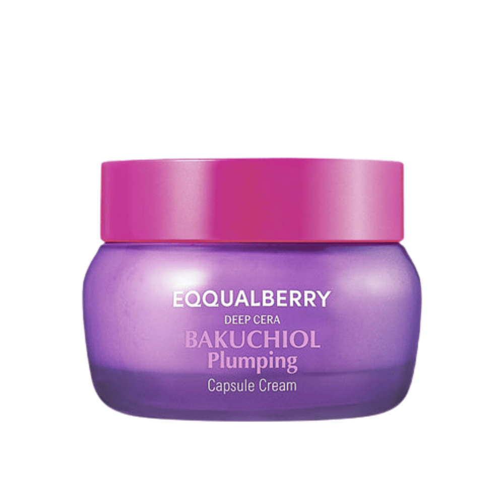 Zdjęcie produktu EQQUALBERRY Bakuchiol Plumping Capsule Cream w fioletowym słoiku z różową pokrywką – intensywne nawilżenie i efekt przeciwstarzeniowy.