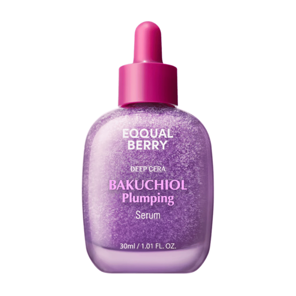 Equal Berry Bakuchiol Plumping Serum w fioletowej, połyskującej butelce z różową pipetą. Nawilżające i ujędrniające serum dla promiennej skóry.