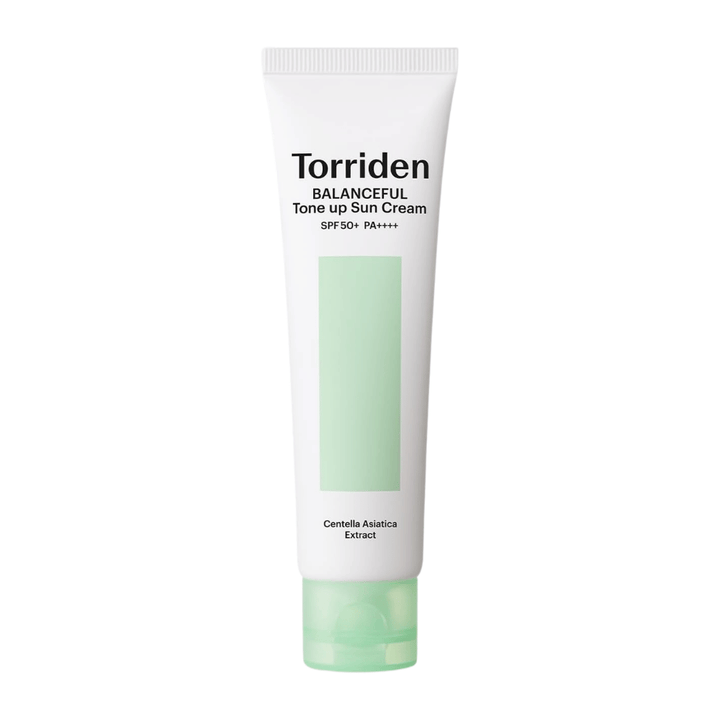 Torriden Balanceful Tone Up Sun Cream SPF50+ PA++++ zdjęcie produktu na białym tle z Centella Asiatica zapewniającą kojącą pielęgnację i codzienną ochronę UV.
