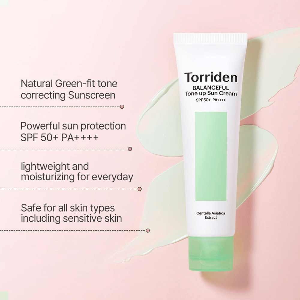 Torriden Balanceful Tone Up Sun Cream SPF50+ PA++++ z zielonym efektem tone-up korygującym koloryt, który pomaga wyrównać zaczerwienienia i nadać naturalny blask.