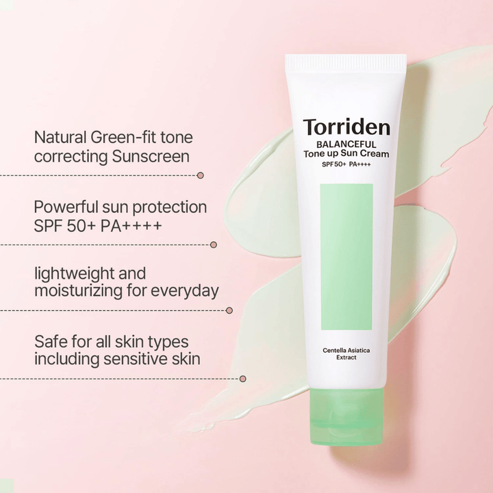 Torriden Balanceful Tone Up Sun Cream SPF50+ PA++++ z zielonym efektem tone-up korygującym koloryt, który pomaga wyrównać zaczerwienienia i nadać naturalny blask.